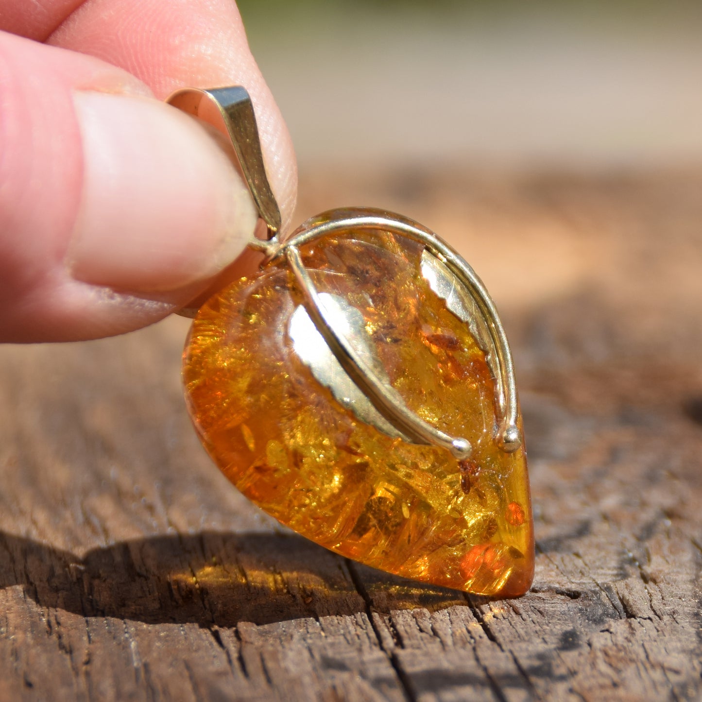 Large Romantic Heart-shaped Natural Amber and 18k Gold Plated Silver Pendant, MJ Baltica, BZW130