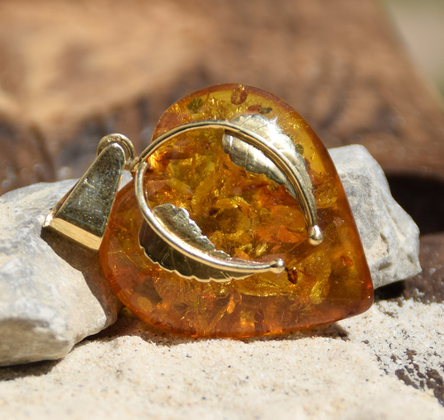Large Romantic Heart-shaped Natural Amber and 18k Gold Plated Silver Pendant, MJ Baltica, BZW130