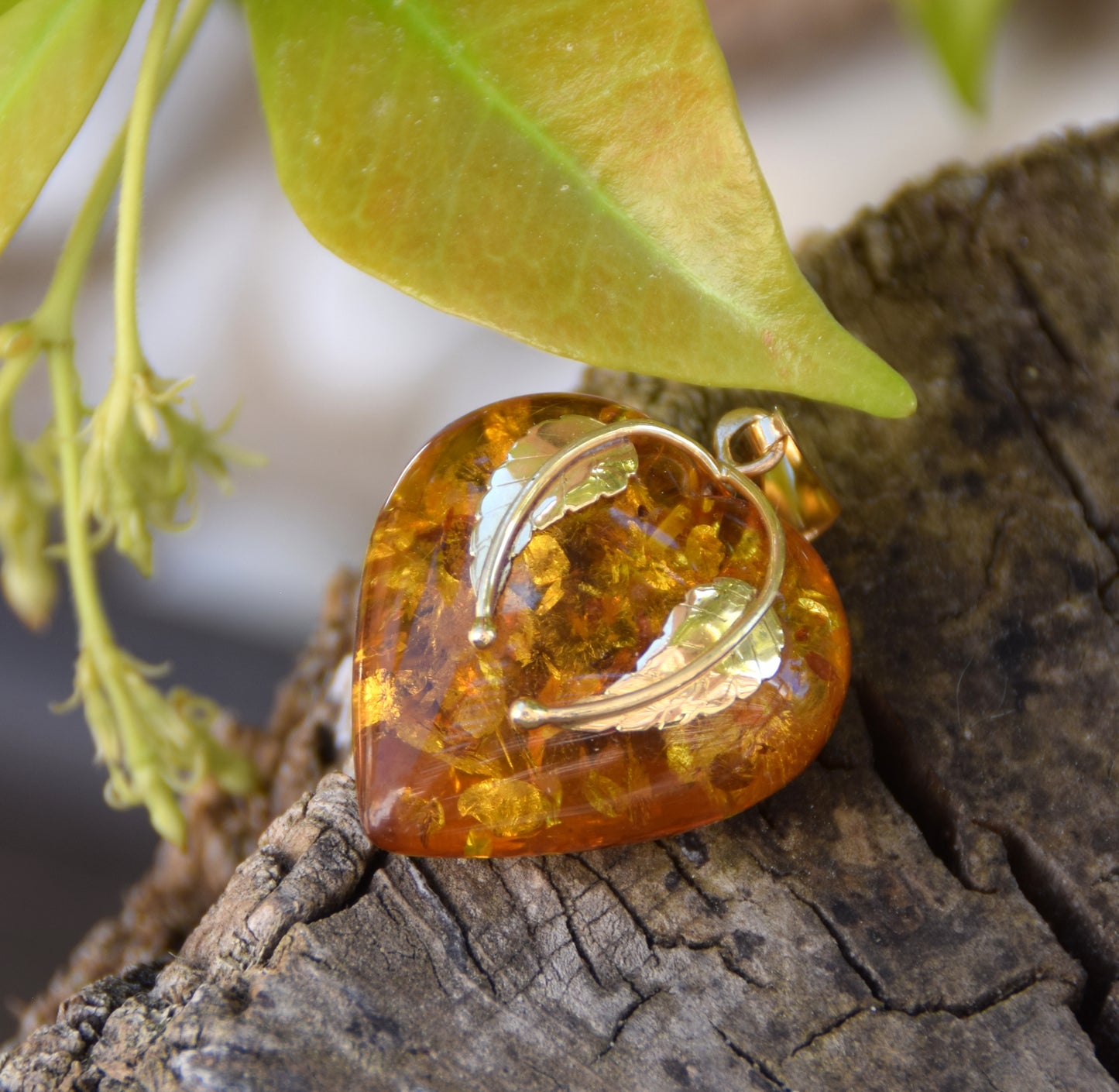 Large Romantic Heart-shaped Natural Amber and 18k Gold Plated Silver Pendant, MJ Baltica, BZW130