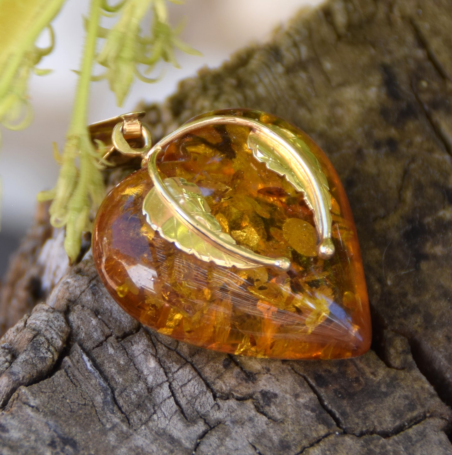 Large Romantic Heart-shaped Natural Amber and 18k Gold Plated Silver Pendant, MJ Baltica, BZW130