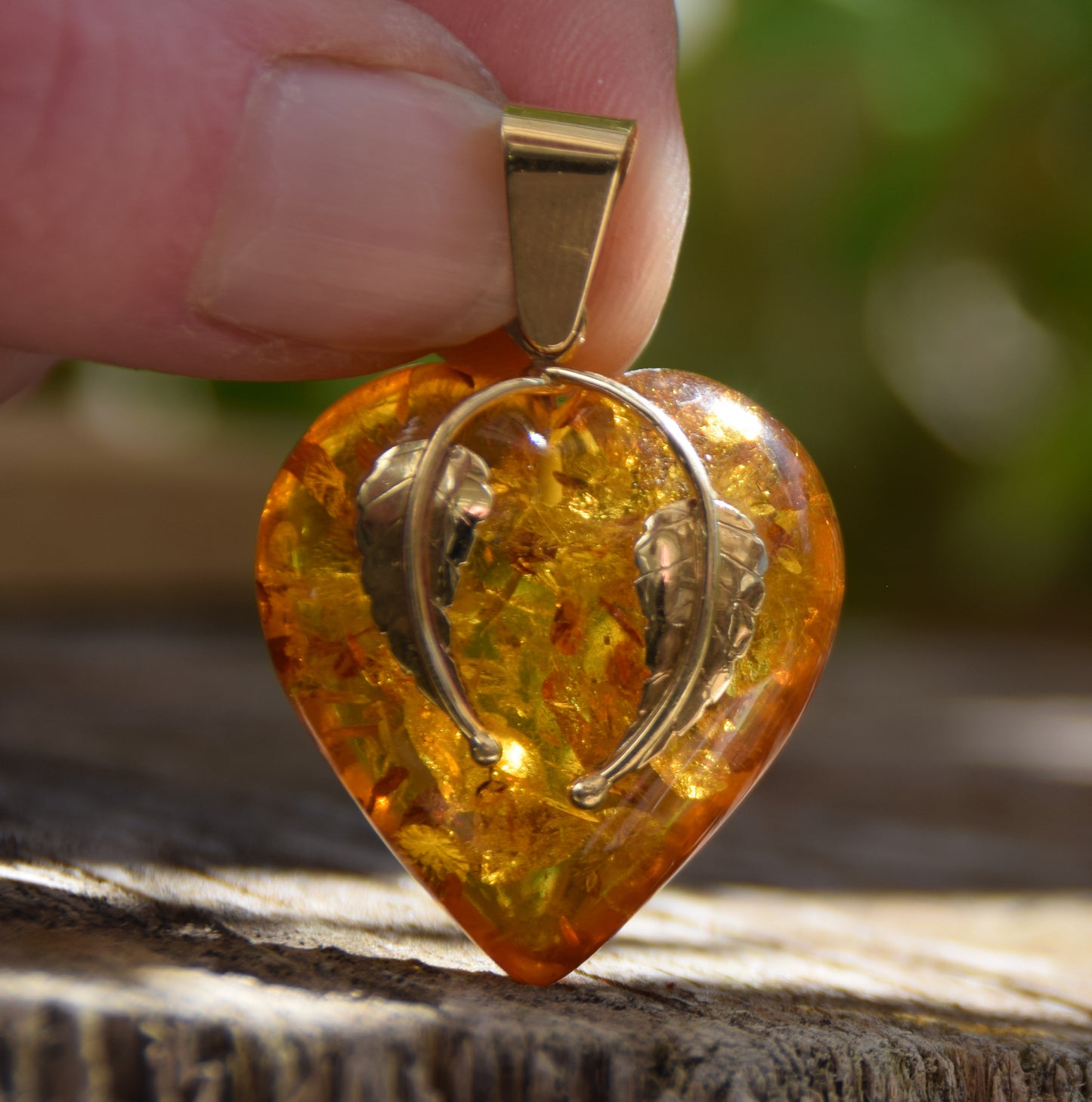 Large Romantic Heart-shaped Natural Amber and 18k Gold Plated Silver Pendant, MJ Baltica, BZW130