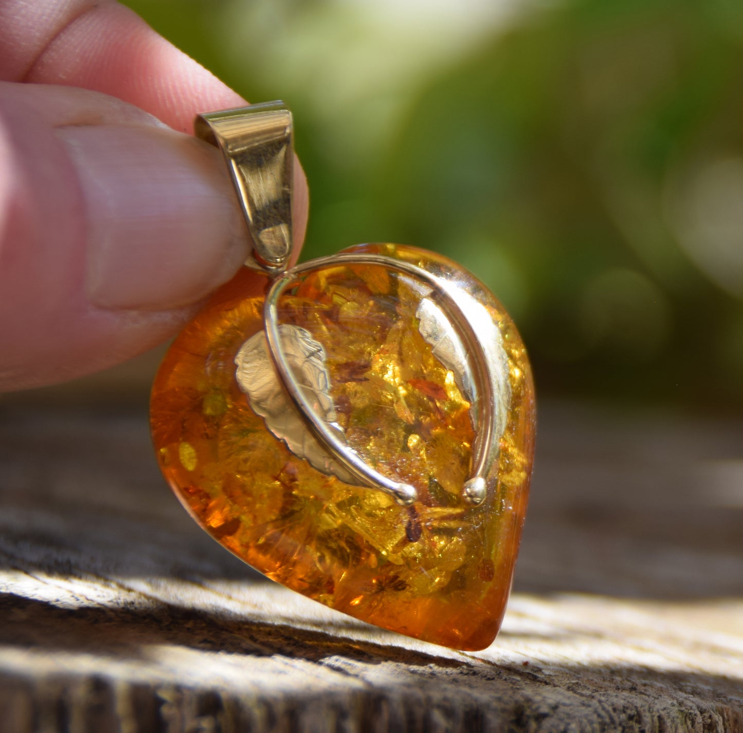 Large Romantic Heart-shaped Natural Amber and 18k Gold Plated Silver Pendant, MJ Baltica, BZW130