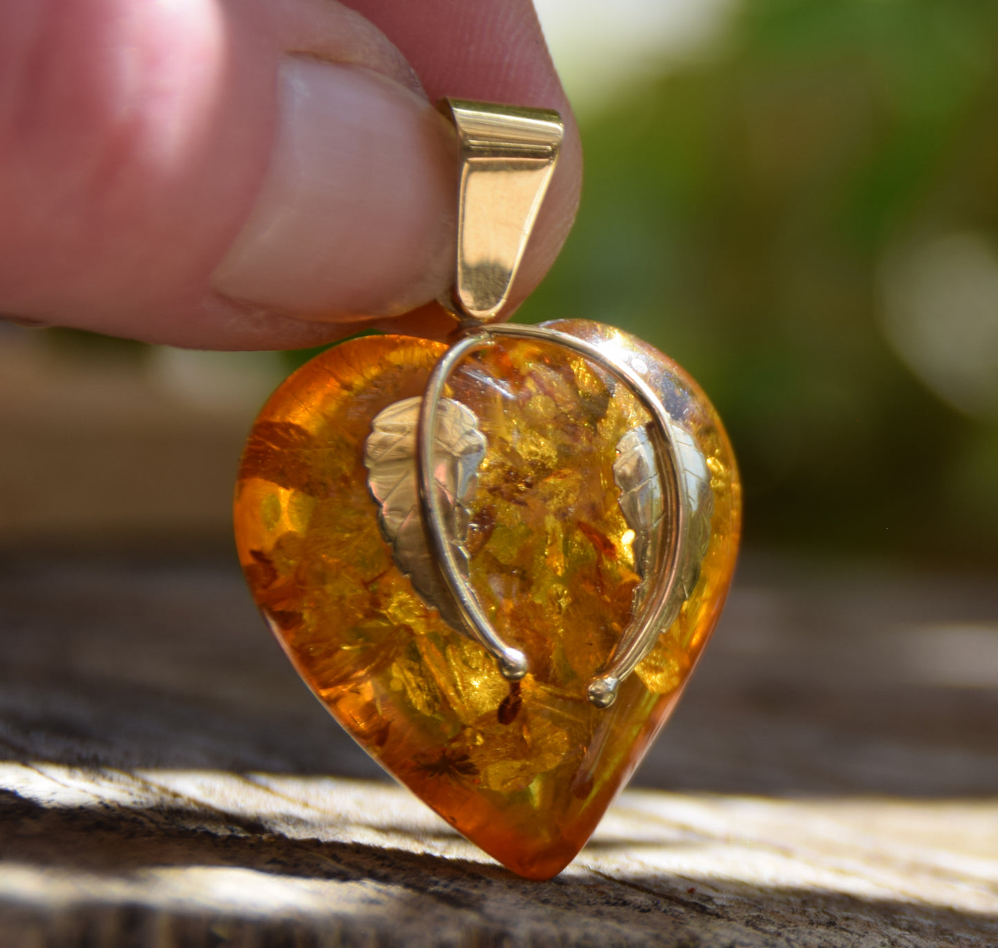 Large Romantic Heart-shaped Natural Amber and 18k Gold Plated Silver Pendant, MJ Baltica, BZW130