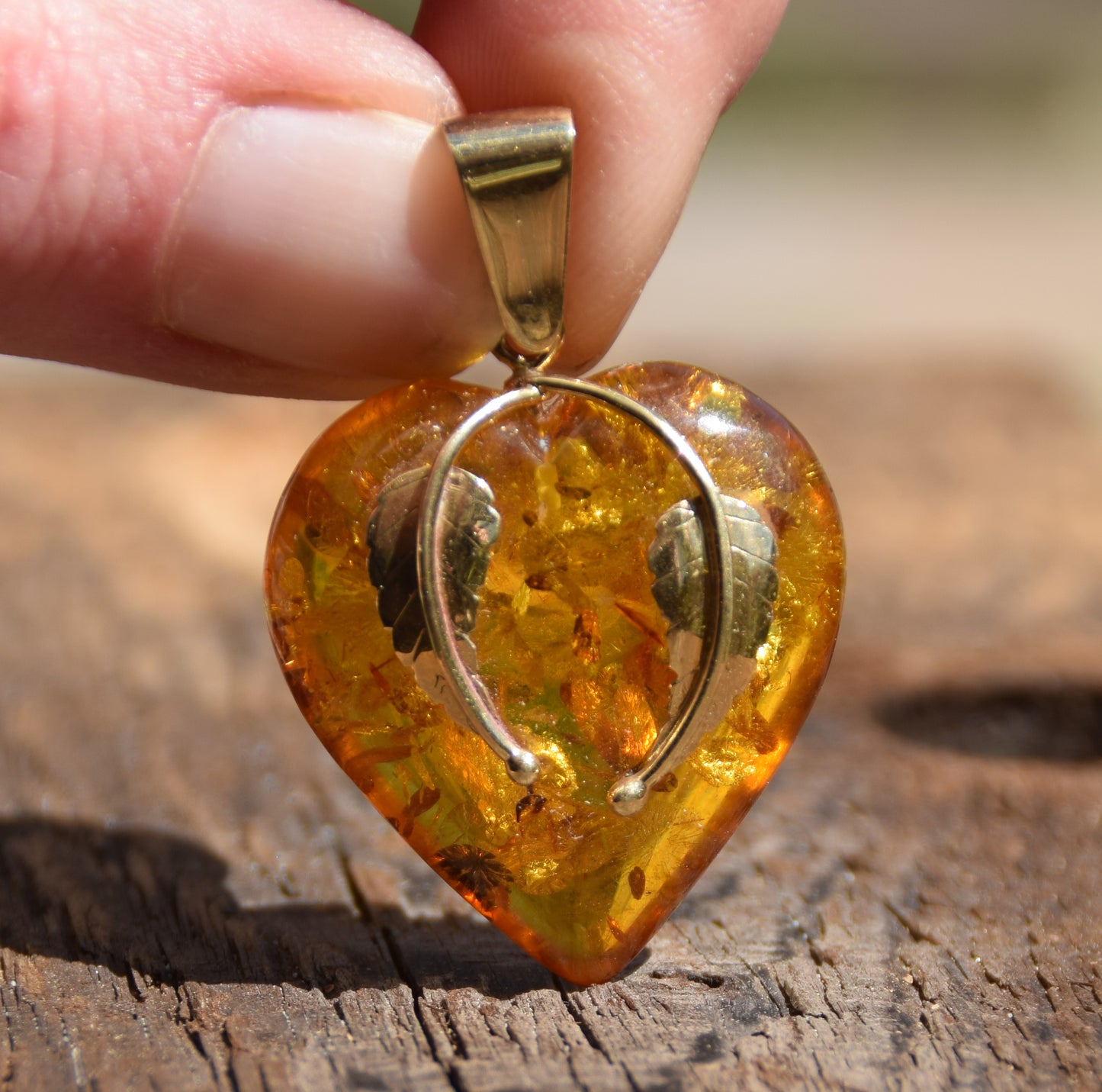 Large Romantic Heart-shaped Natural Amber and 18k Gold Plated Silver Pendant, MJ Baltica, BZW130