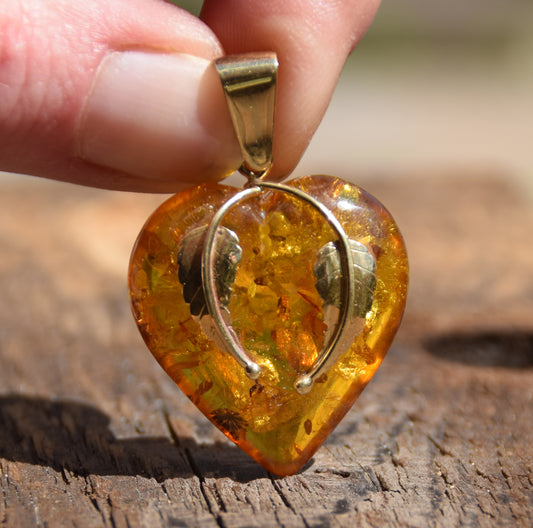 Large Romantic Heart-shaped Natural Amber and 18k Gold Plated Silver Pendant, MJ Baltica, BZW130