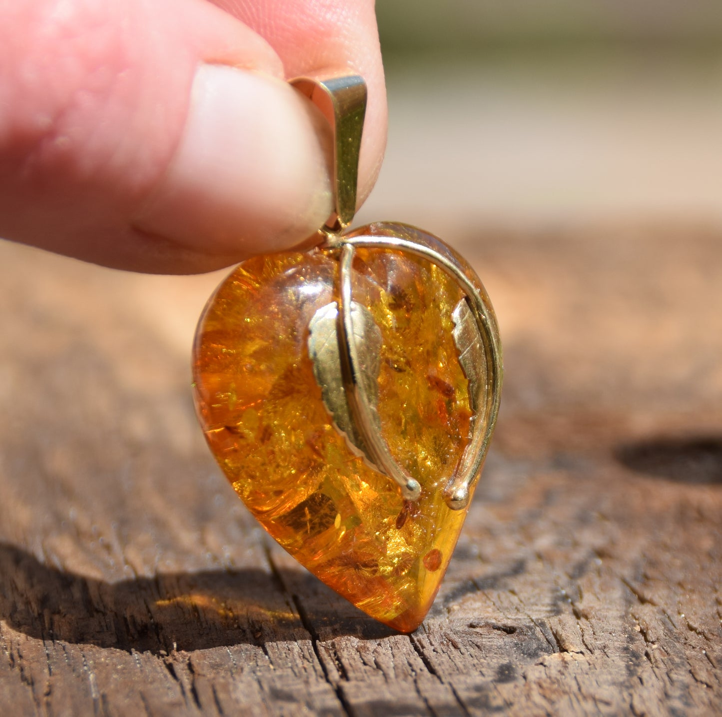 Large Romantic Heart-shaped Natural Amber and 18k Gold Plated Silver Pendant, MJ Baltica, BZW130