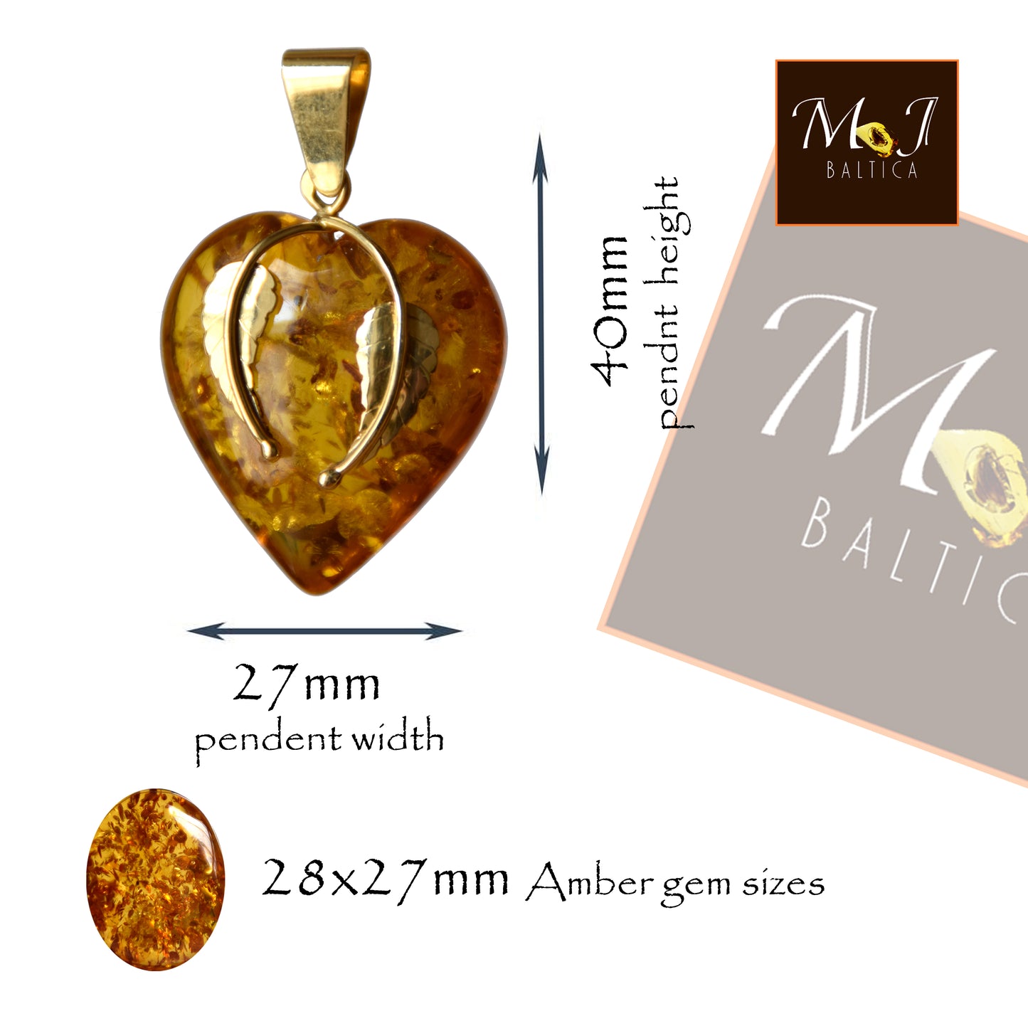 MJ Baltica, ciondolo, Ambra naturale, Argento, placcato Oro, artigianale, cuore, luminoso, BZW130