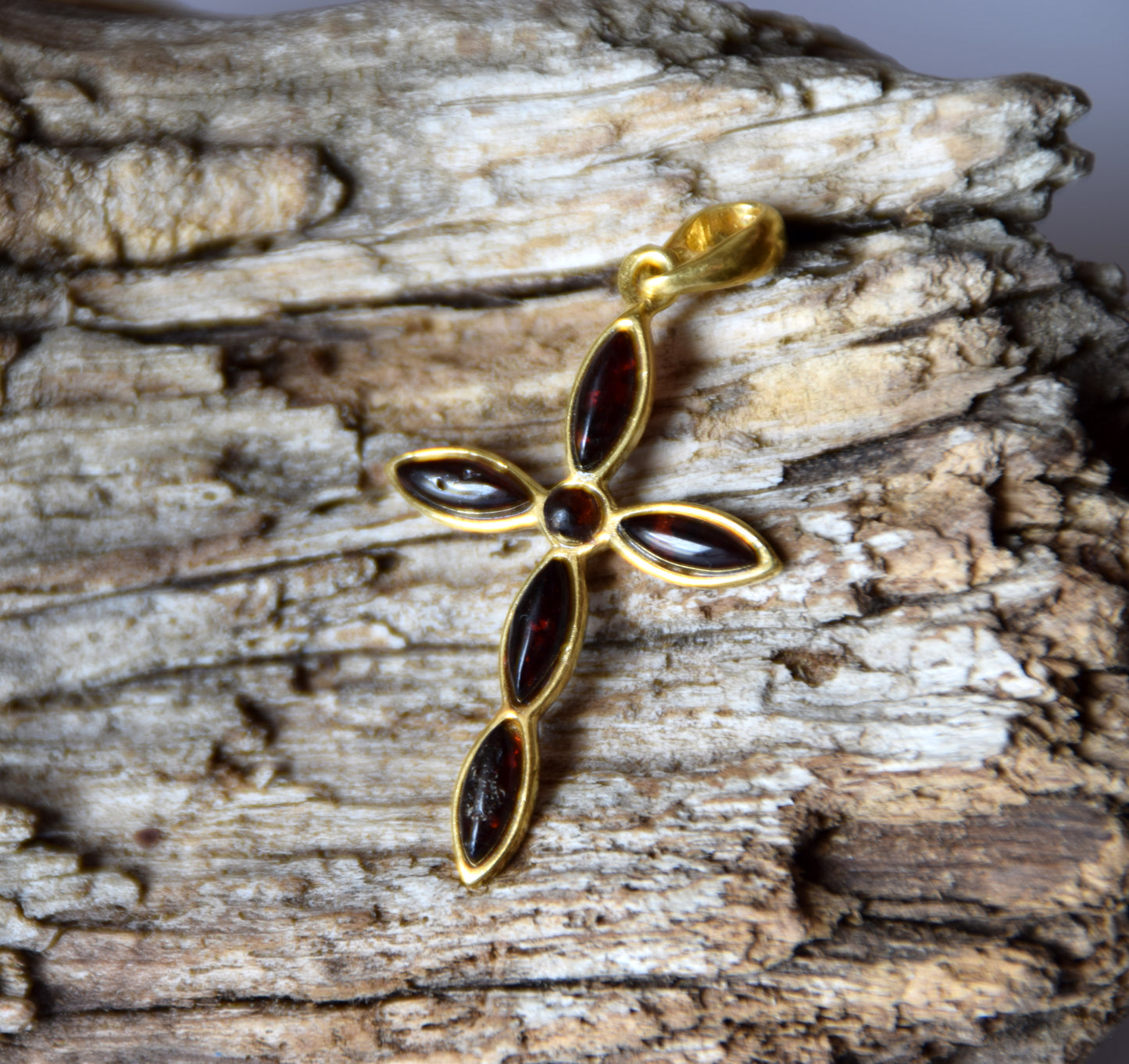 MJ Baltica, pendant, natural Amber, Silver, Gold plated, handcrafted, cross, dark brown amber, BZW132