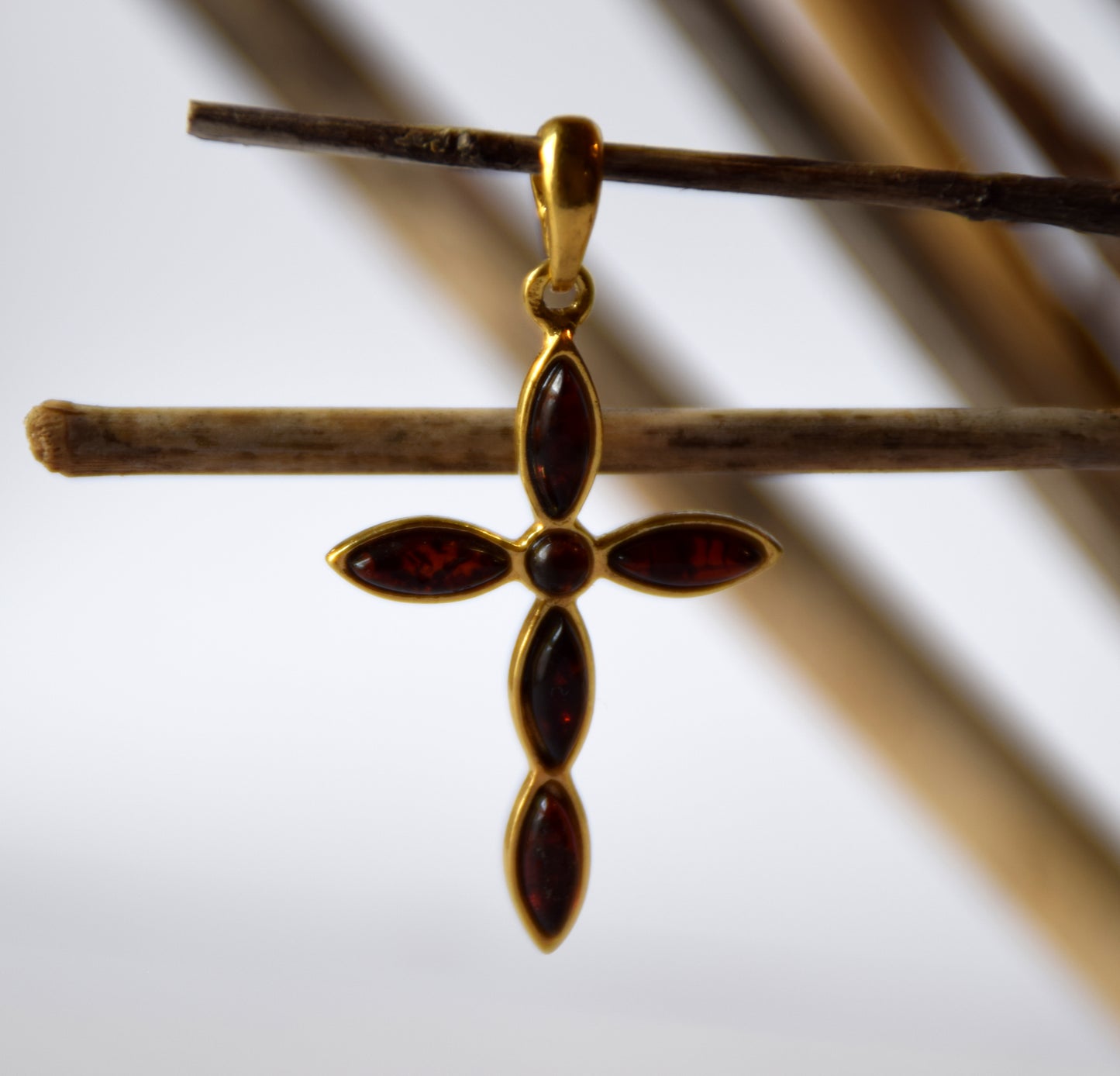 MJ Baltica, pendant, natural Amber, Silver, Gold plated, handcrafted, cross, dark brown amber, BZW132