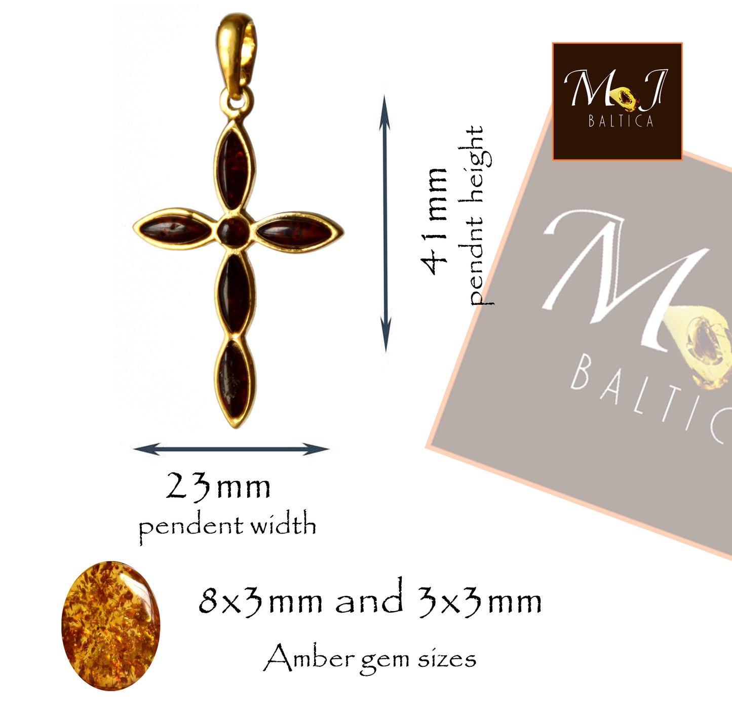 MJ Baltica, pendant, natural Amber, Silver, Gold plated, handcrafted, cross, dark brown amber, BZW132