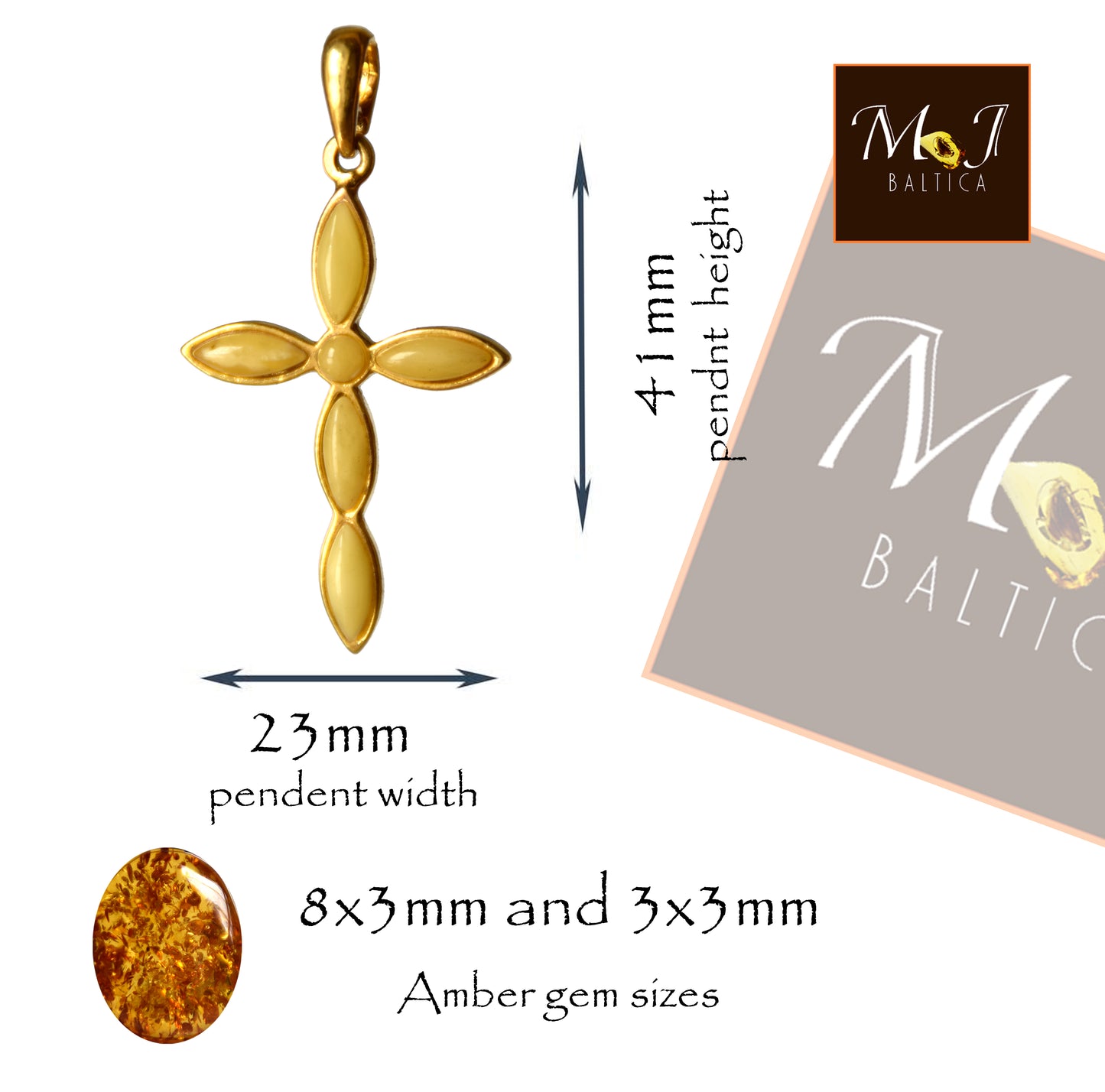 MJ Baltica, pendant, natural Amber, Silver, Gold plated, handcrafted, cross, imperial amber, BZW133