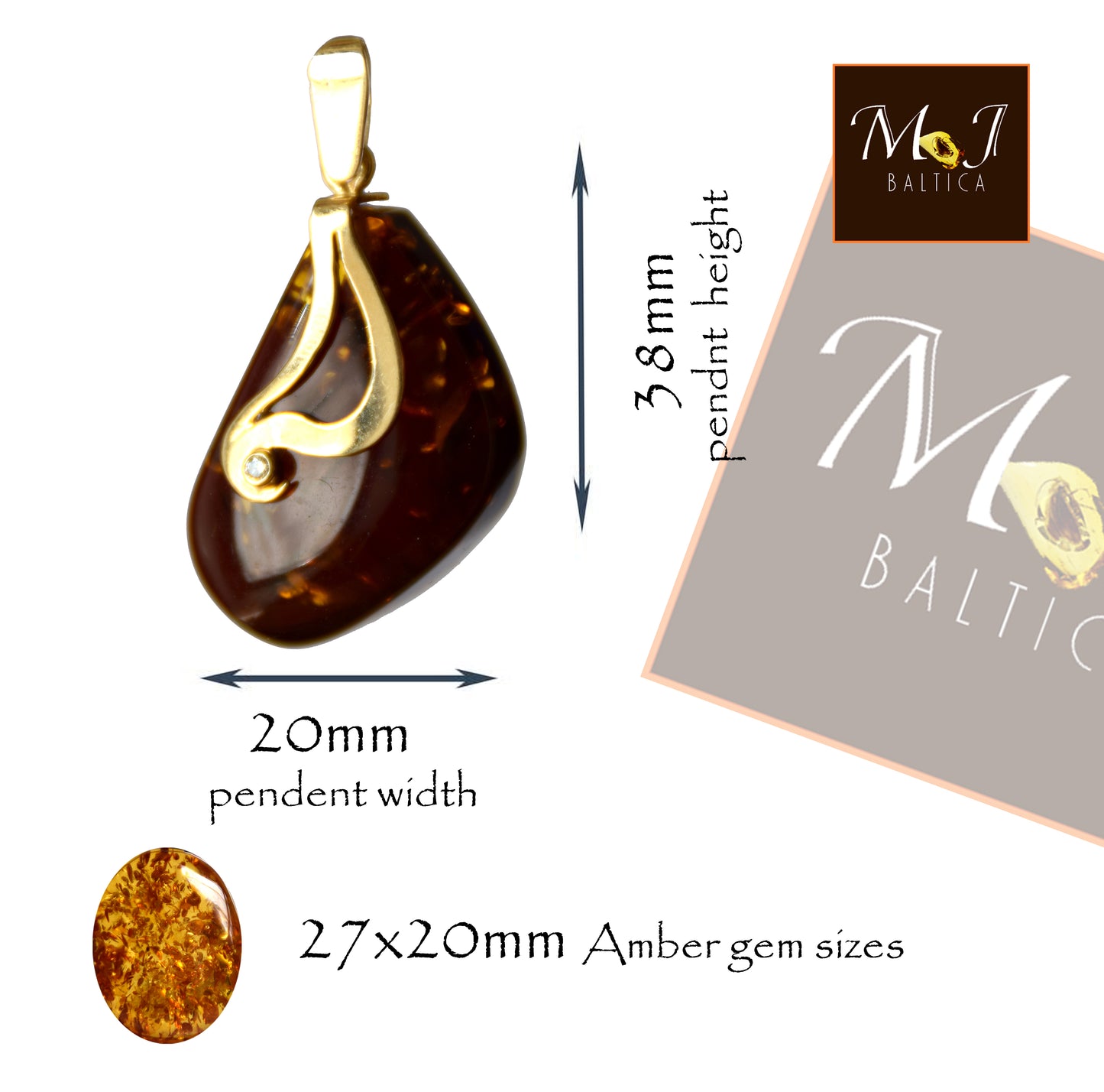 MJ Baltica, pendant, Natural Amber, Silver, Gold plated, handcrafted, large, dark brown amber, BZW134