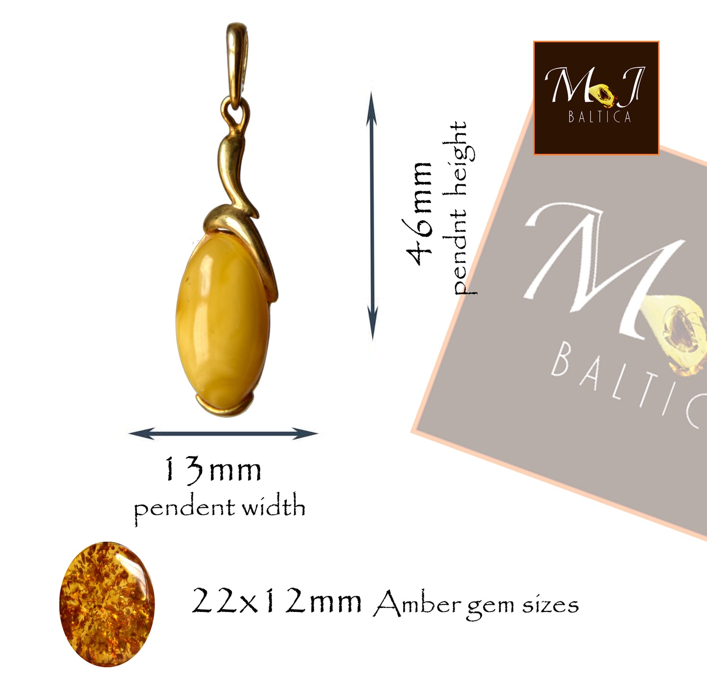 MJ Baltica, pendant, natural Amber, Silver, Gold plated, handcrafted, luminous, imperial amber, BZW137