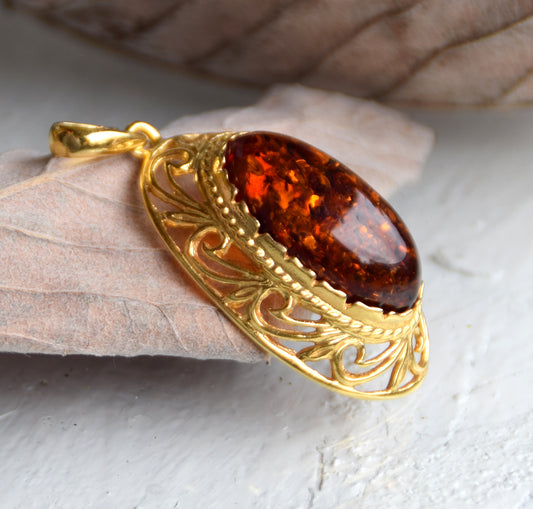 MJ Baltica, ciondolo, Ambra naturale Baltica, Argento 925, Placcato in Oro 18k, bellissimo, grande, artigianale BZW139