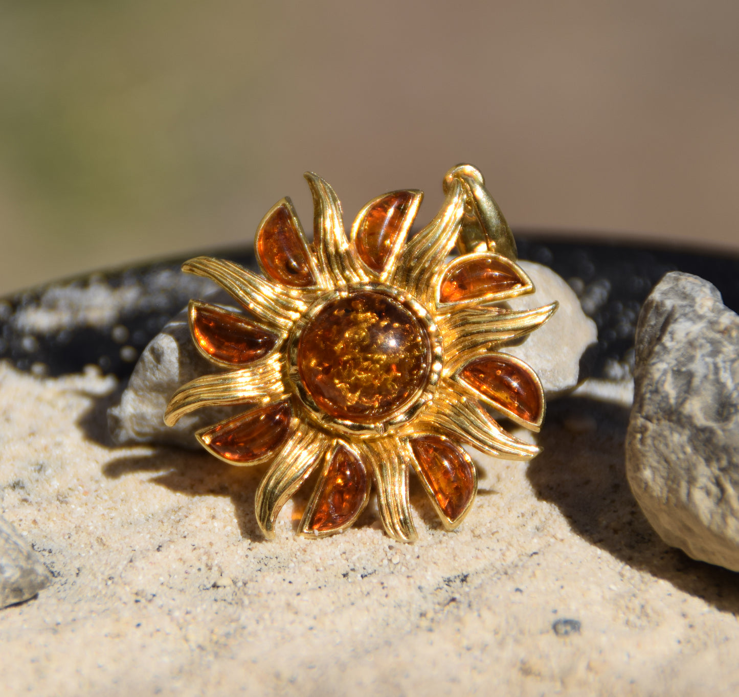Bright pendant in the shape of a dainty sun in natural cognac Amber and 925 Sterling Silver, 14k Gold Plated, MJ Baltica, BZW140