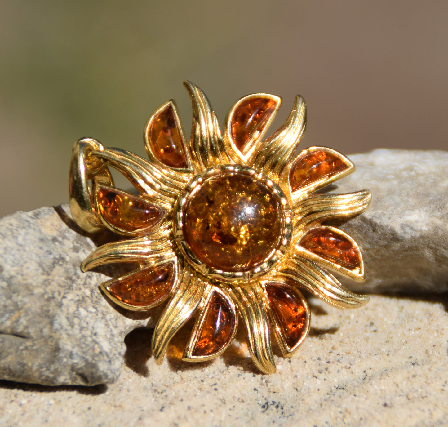Bright pendant in the shape of a dainty sun in natural cognac Amber and 925 Sterling Silver, 14k Gold Plated, MJ Baltica, BZW140