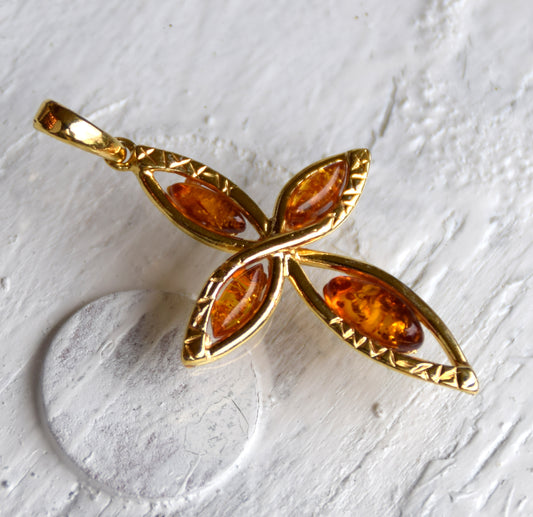 MJ Baltica, ciondolo, Ambra naturale Baltica, Argento 925, Placcato in Oro 18k, bellissimo, grande, croce, BZW141