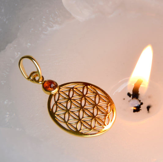 MJ Baltica, ciondolo, Ambra naturale Baltica, Argento 925, Placcato in Oro 18k, bellissimo, fiore della vita, BZW142