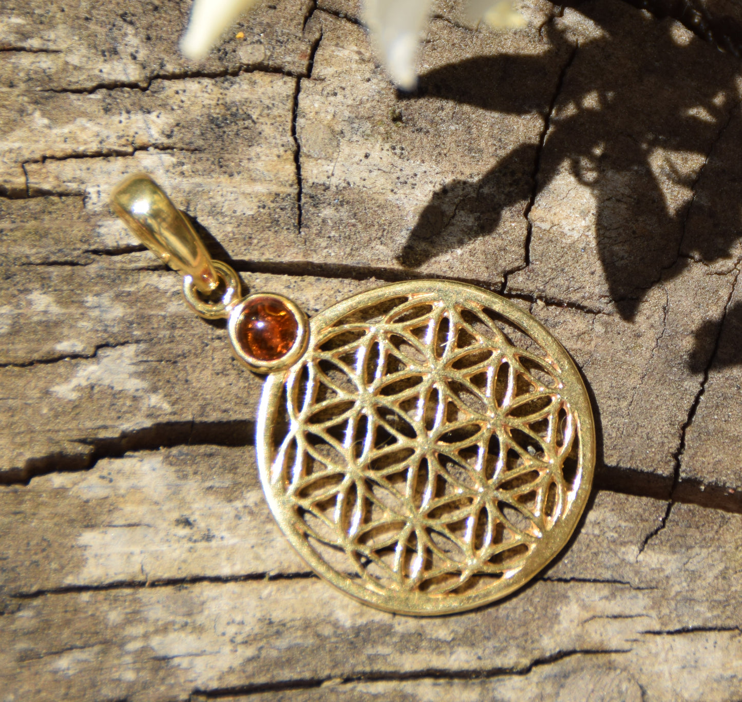 Ciondolo con fiore della vita in Ambra naturale color cognac e Argento 925 placcato in Oro 18k, MJ Baltica, BZW092