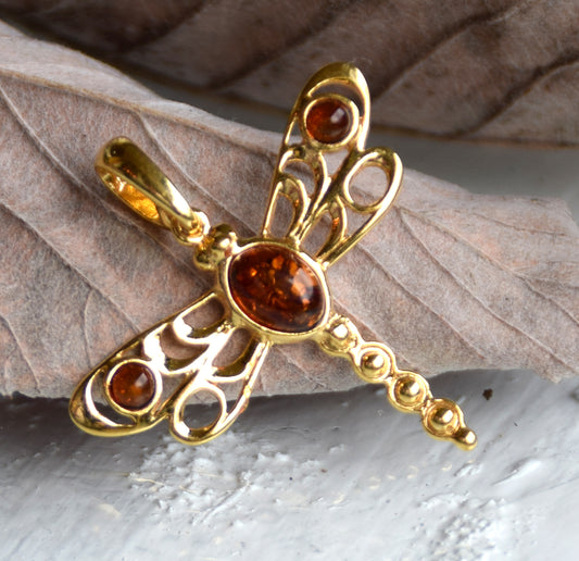 MJ Baltica, ciondolo, Ambra naturale Baltica, Argento 925, Placcato in Oro 18k, bellissimo, libellula, BZW143