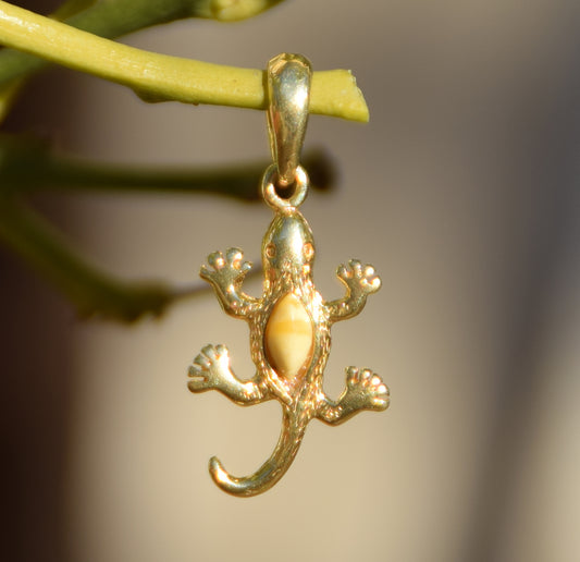 MJ Baltica, ciondolo, Ambra naturale, Argento, placcato Oro 18k, artigianale, geco, unisex, fine, BZW149