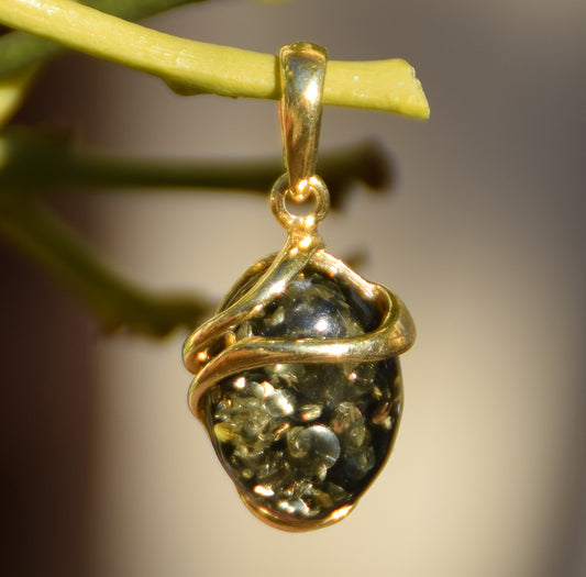 Oval Natural Green Amber Pendant with 14k Gold Plated Sterling Silver, MJ Baltica, BZW153