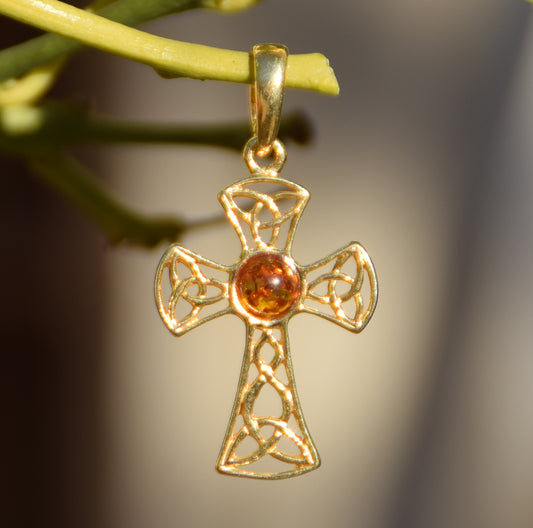 MJ Baltica, ciondolo, Ambra naturale Baltica, Argento 925, Placcato in Oro 18k, bellissimo, celtico, croce, BZW154