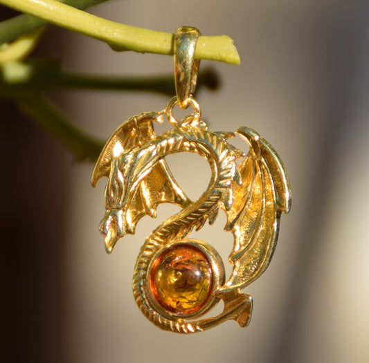 MJ Baltica, ciondolo, Ambra naturale, Argento, placcato Oro 18k, artigianale, drago, unisex, grande, BZW155