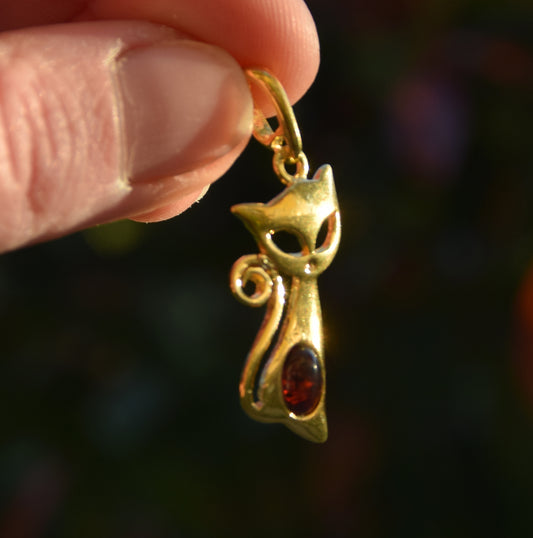 MJ Baltica, ciondolo, Ambra naturale Baltica, Argento 925, Placcato in Oro 18k, artigianale, gatto, BZW156