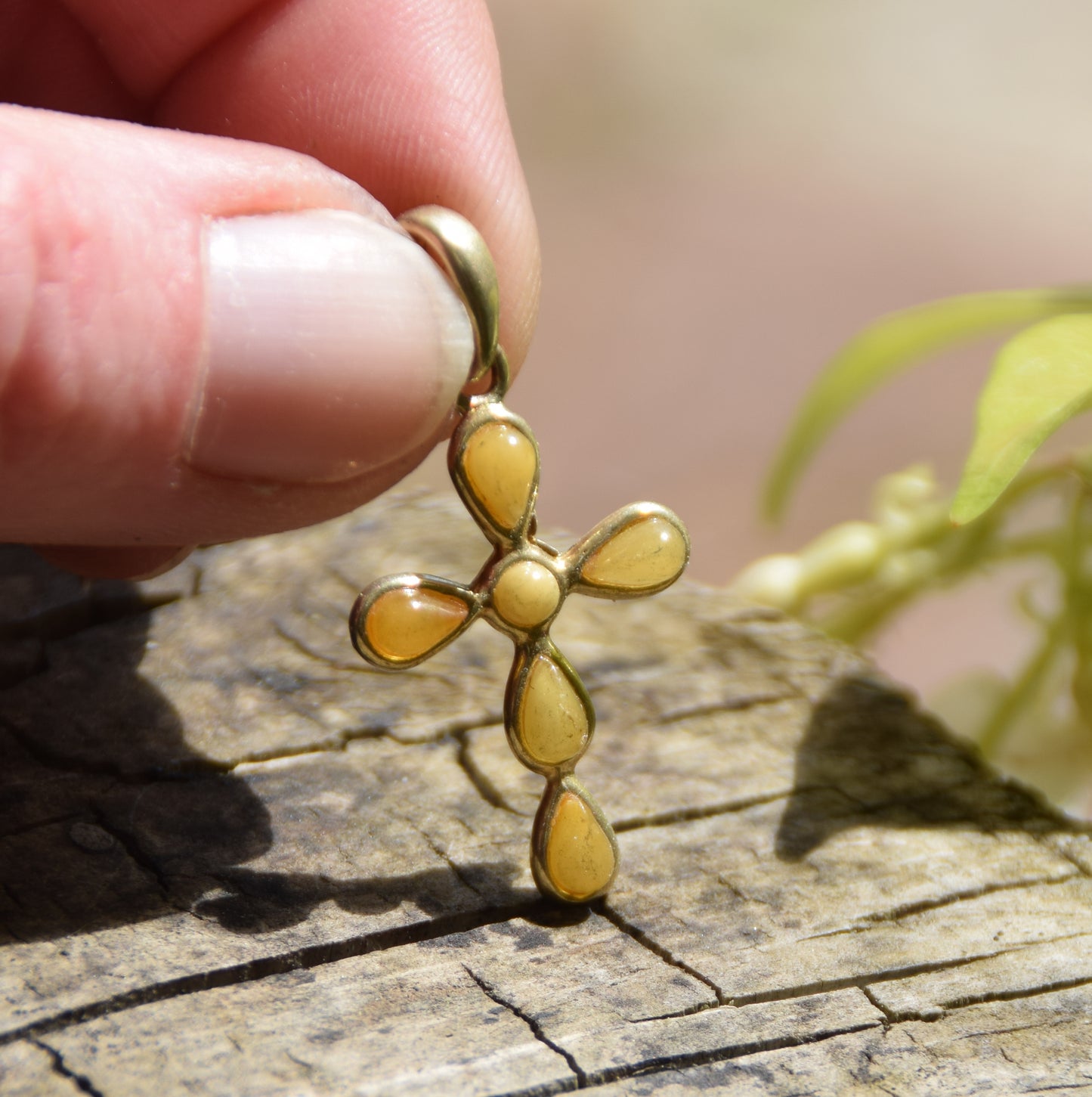 Delicate cross pendant crafted with Imperial Natural Amber drops and 18k Gold Plated Silver, MJ Baltica, BZW159
