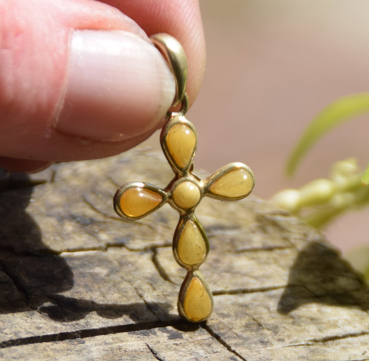 Delicate cross pendant crafted with Imperial Natural Amber drops and 18k Gold Plated Silver, MJ Baltica, BZW159