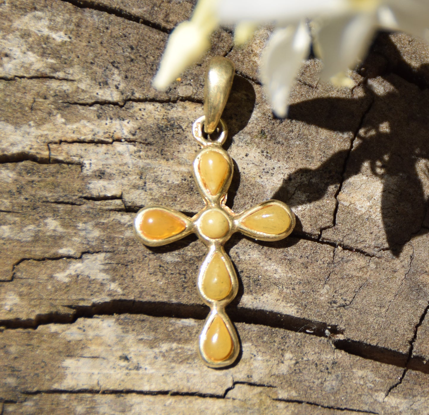 Delicate cross pendant crafted with Imperial Natural Amber drops and 18k Gold Plated Silver, MJ Baltica, BZW159