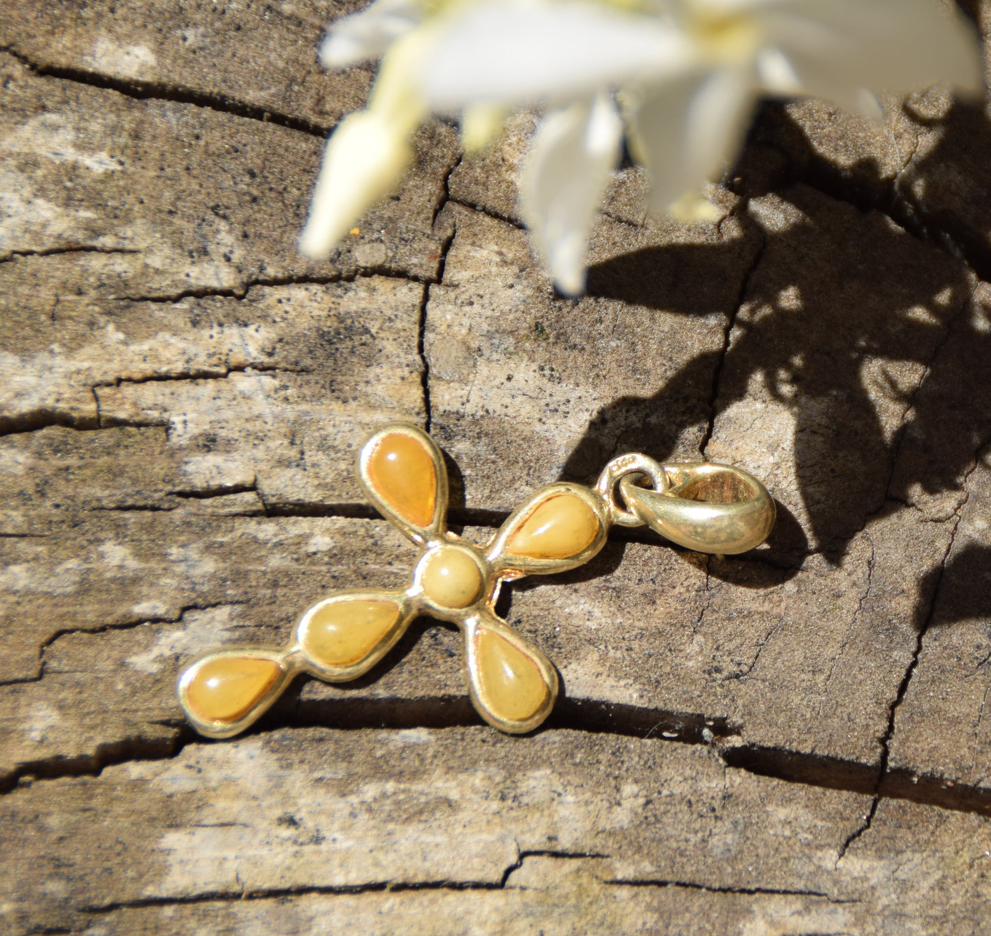Delicate cross pendant crafted with Imperial Natural Amber drops and 18k Gold Plated Silver, MJ Baltica, BZW159