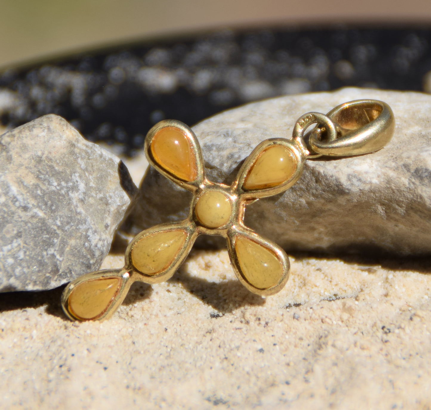 Delicate cross pendant crafted with Imperial Natural Amber drops and 18k Gold Plated Silver, MJ Baltica, BZW159