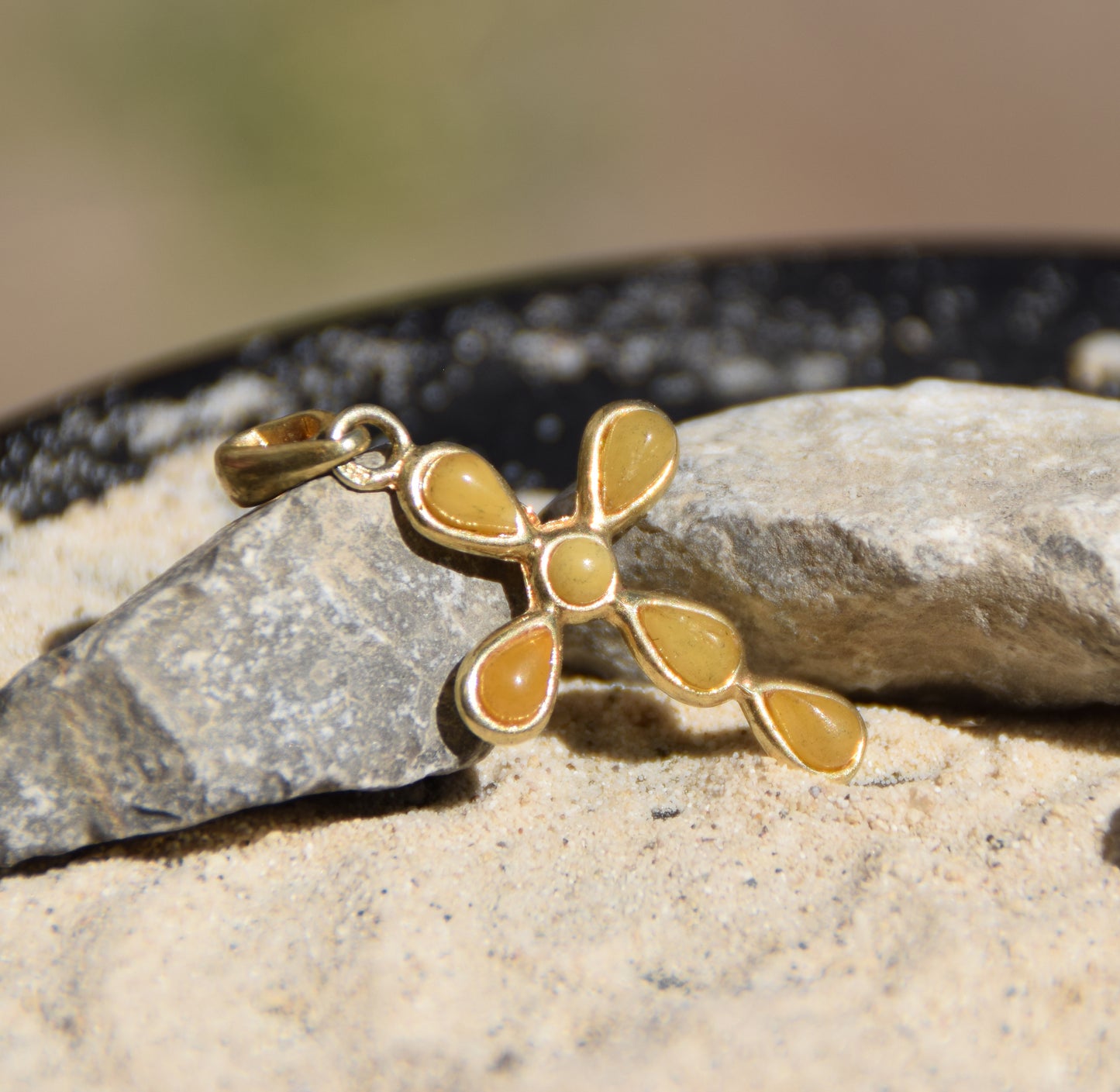 Delicate cross pendant crafted with Imperial Natural Amber drops and 18k Gold Plated Silver, MJ Baltica, BZW159