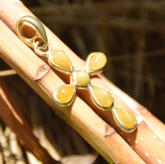 MJ Baltica, ciondolo, Ambra naturale Baltica, Argento, placcato Oro 18k, croce, artigianale, BZW159