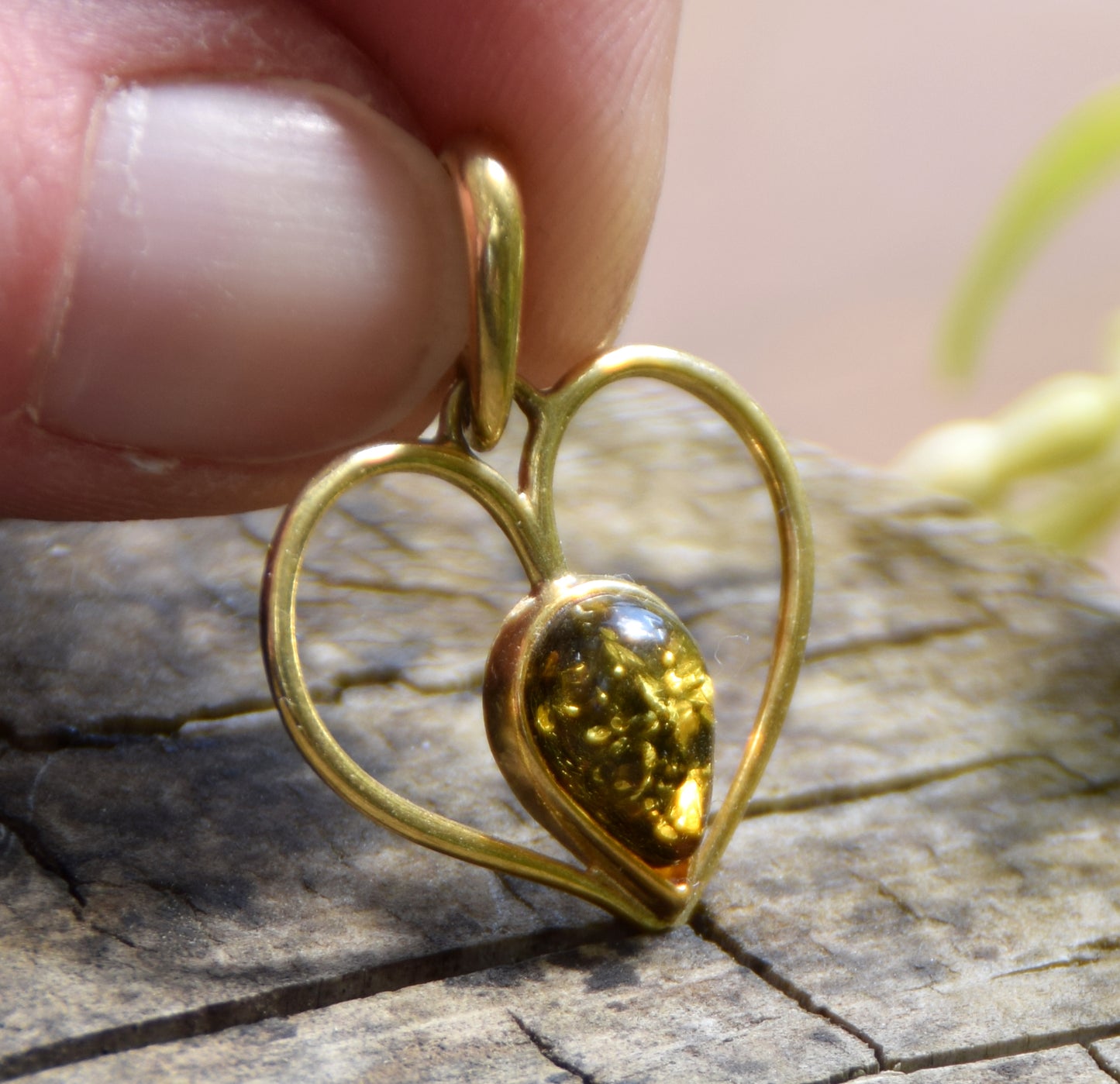 Romantic heart pendant with natural green Amber and 18k Gold plated 925 Sterling Silver, MJ Baltica, BZW163