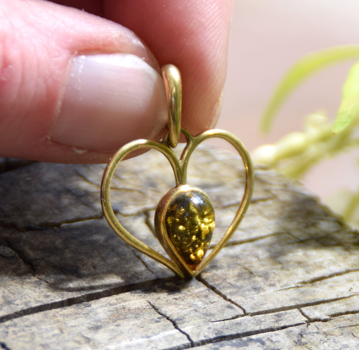Romantic heart pendant with natural green Amber and 18k Gold plated 925 Sterling Silver, MJ Baltica, BZW163