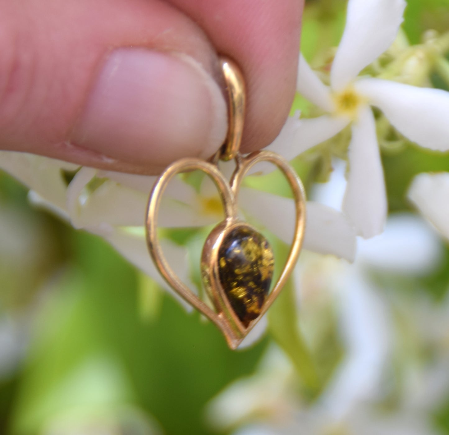 Romantic heart pendant with natural green Amber and 18k Gold plated 925 Sterling Silver, MJ Baltica, BZW163