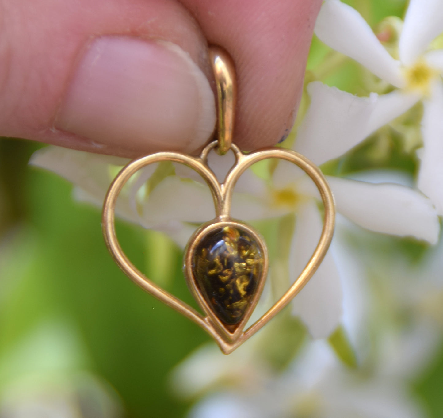Romantic heart pendant with natural green Amber and 18k Gold plated 925 Sterling Silver, MJ Baltica, BZW163