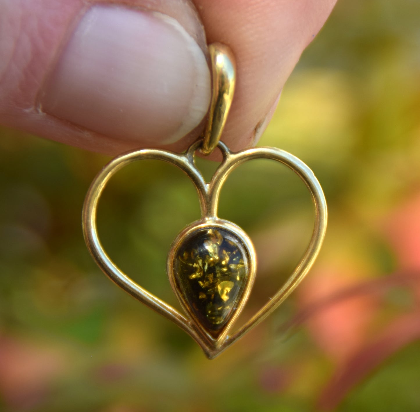 Romantic heart pendant with natural green Amber and 18k Gold plated 925 Sterling Silver, MJ Baltica, BZW163