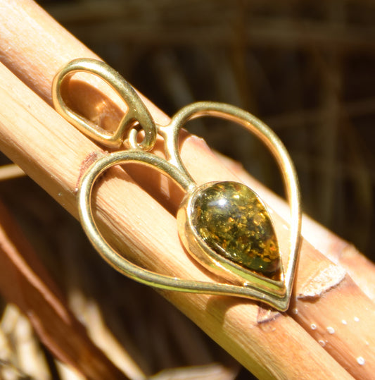MJ Baltica, ciondolo, Ambra naturale Baltica, Argento 925, placcato Oro 18k, cuore, ambra verde, BZW163