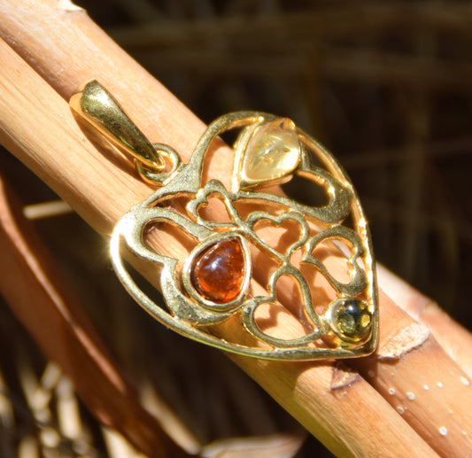 MJ Baltica, ciondolo, Ambra naturale Baltica, Argento 925, placcato Oro 18k, cuore, ambre miste, BZW164