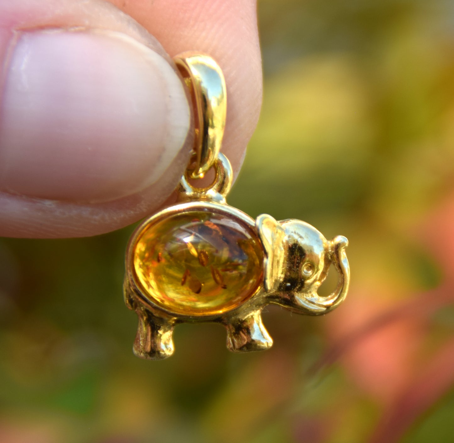 Delicate lucky elephant pendant in 925 Sterling Silver, 18k Gold plated with natural cognac Amber, MJ Baltica, BZW166