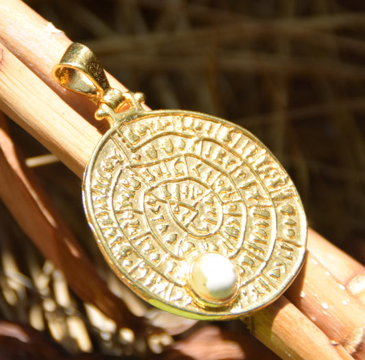 MJ Baltica, ciondolo Ambra naturale Argento, placcato Oro 18k, disco di festo, artigianale, BZW169