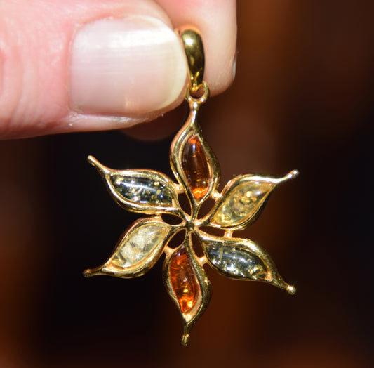18k Gold Plated Sterling Silver Flower Pendant with Natural Multi-tone Amber, MJ Baltica BZW171