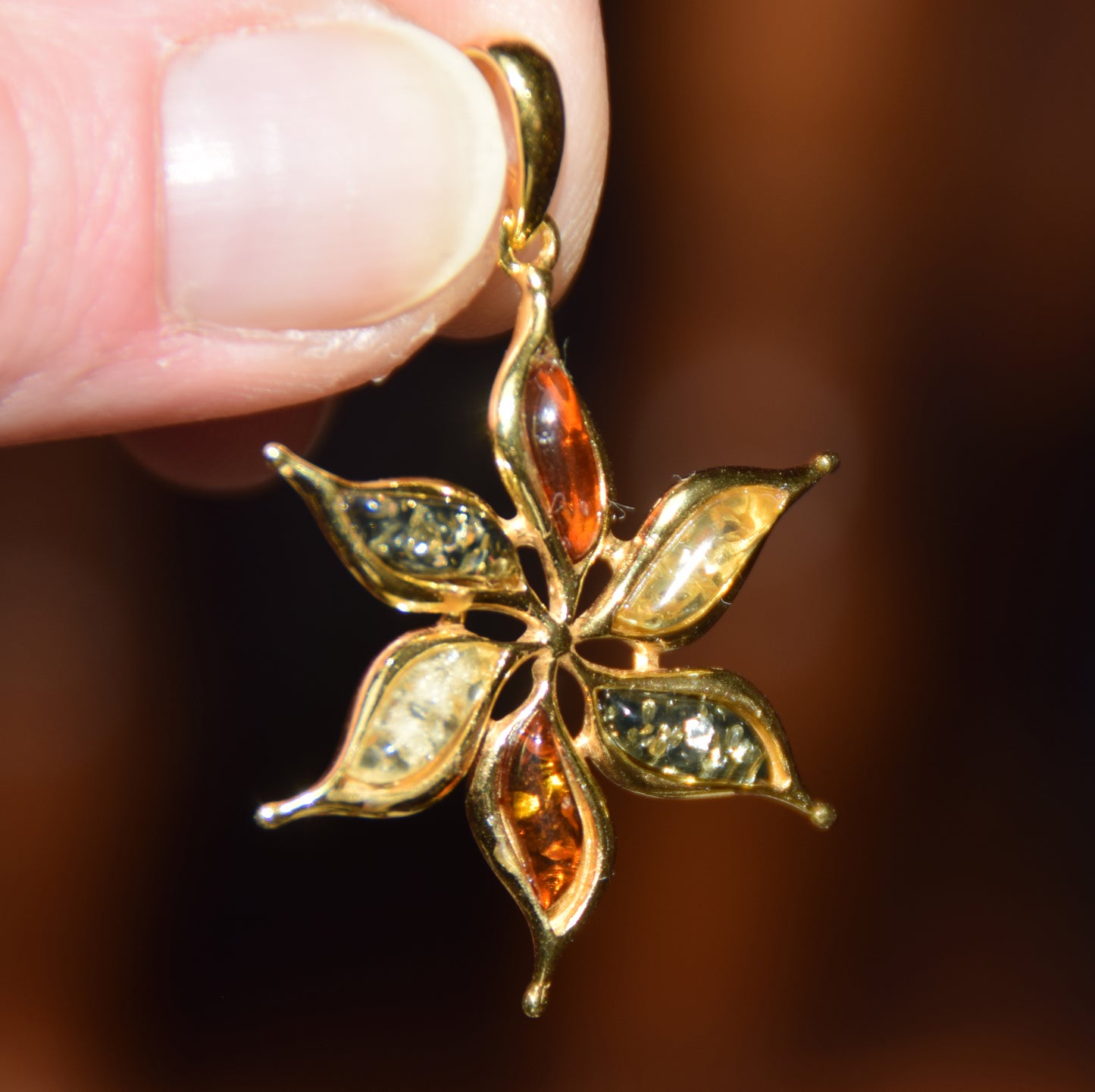 18k Gold Plated Sterling Silver Flower Pendant with Natural Multi-tone Amber, MJ Baltica BZW171