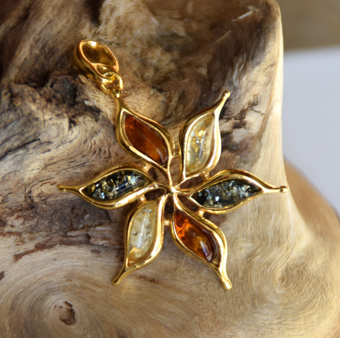 18k Gold Plated Sterling Silver Flower Pendant with Natural Multi-tone Amber, MJ Baltica BZW171