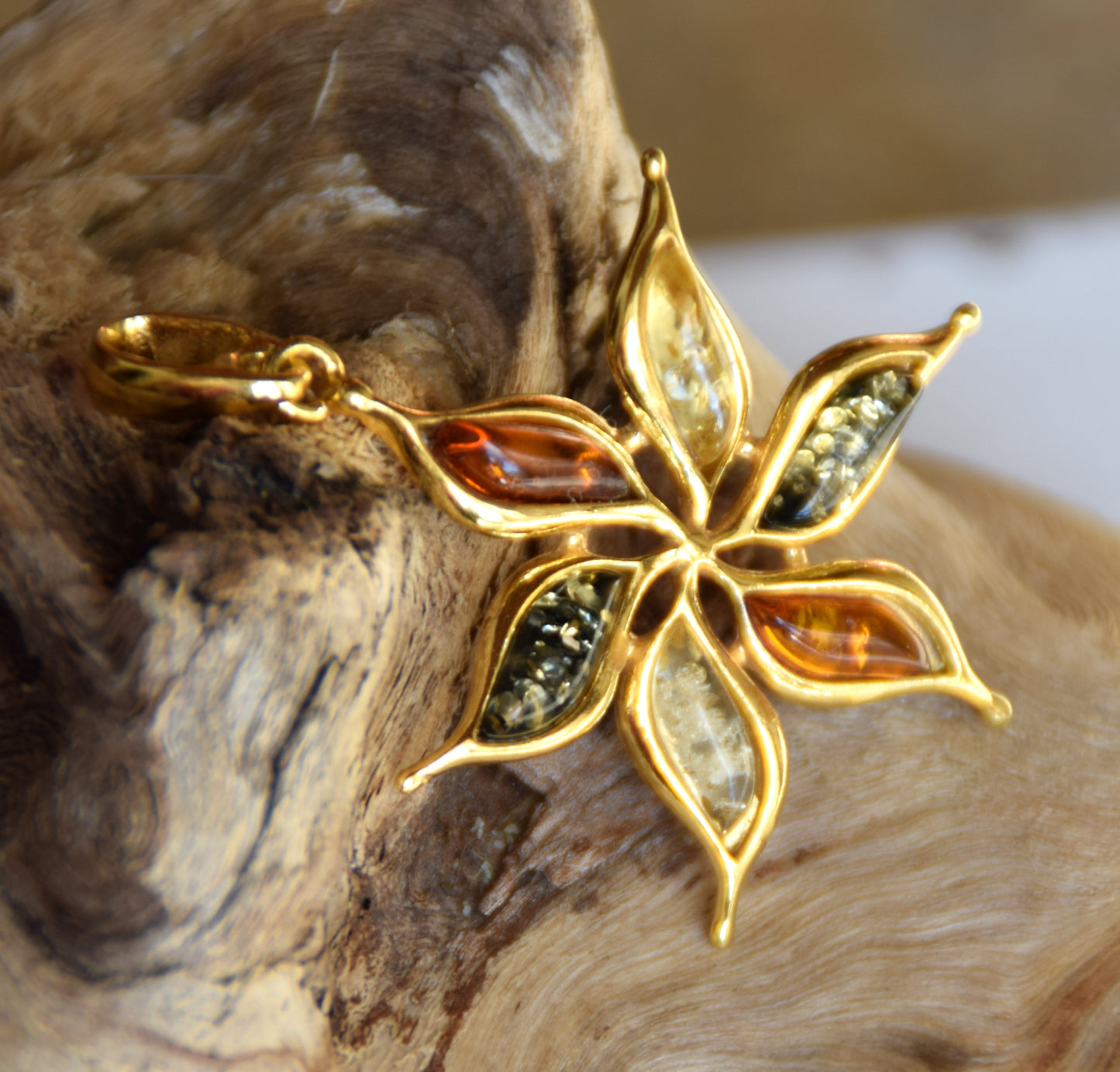 18k Gold Plated Sterling Silver Flower Pendant with Natural Multi-tone Amber, MJ Baltica BZW171