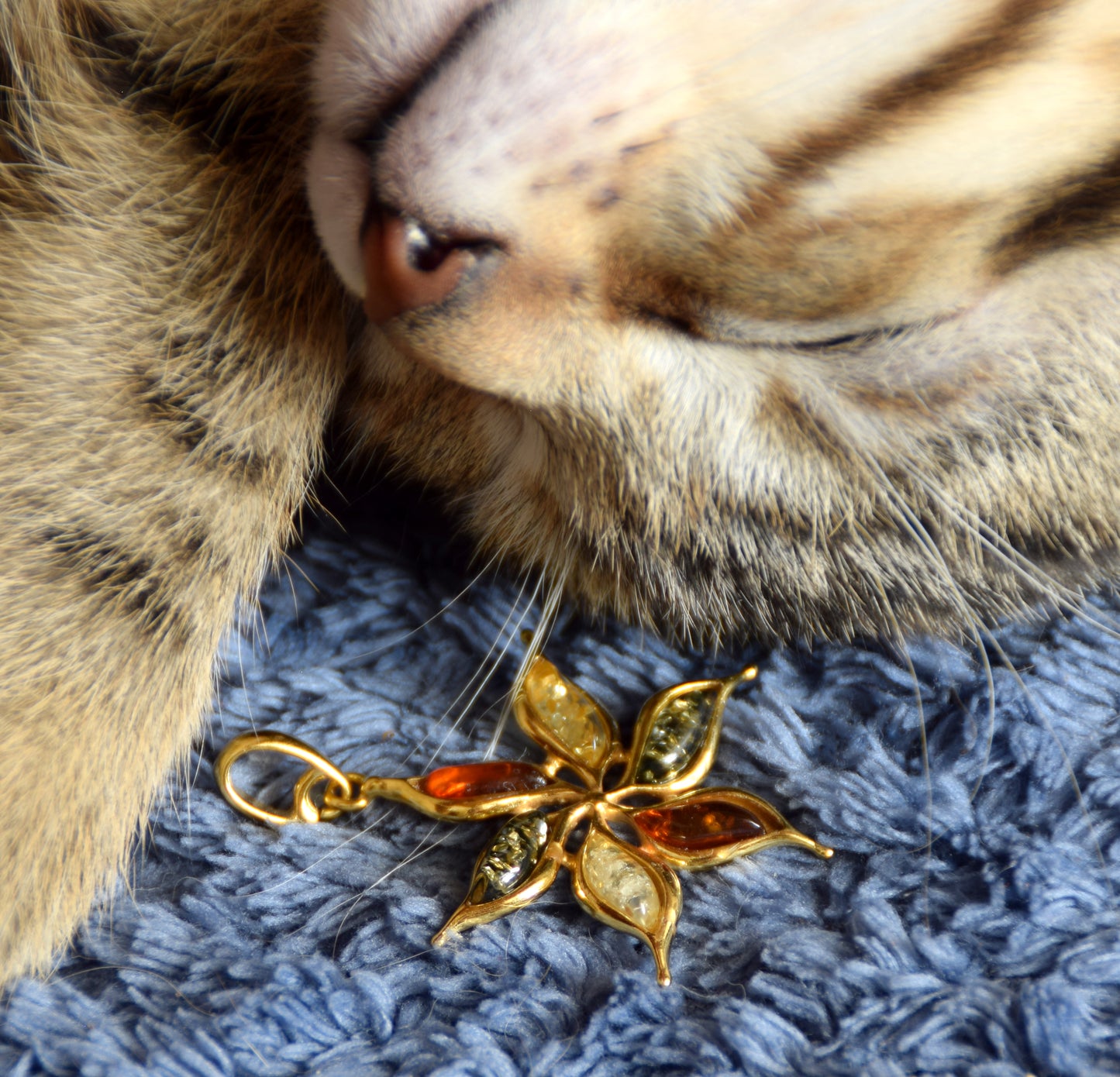 18k Gold Plated Sterling Silver Flower Pendant with Natural Multi-tone Amber, MJ Baltica BZW171